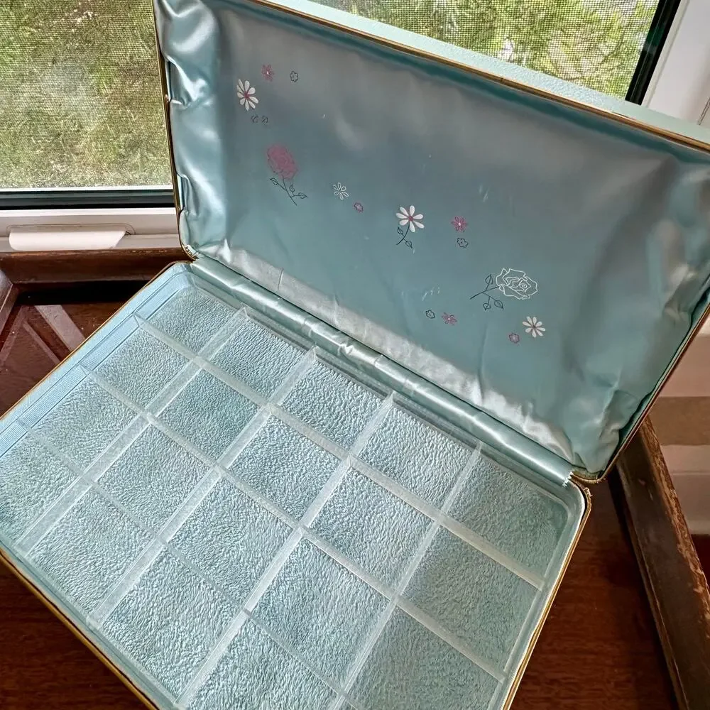 Vintage Farrington Texol Blue Floral Jewelry Box, Hard Case Organizer
